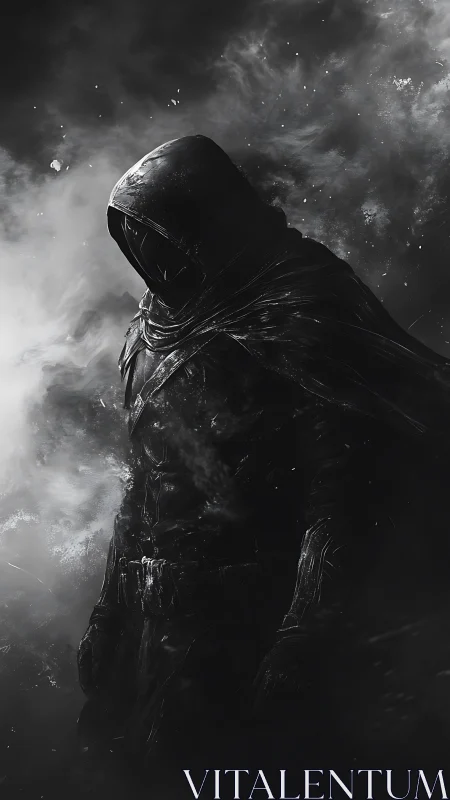 Hooded rogue in monochrome smoke rendered as digital chiaroscuro