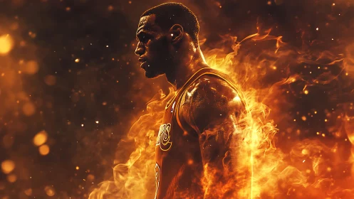 Flaming hardwood titan strides through molten arena haze.