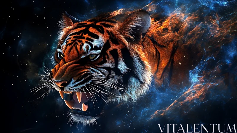 Fiery cosmic tiger head roaring in vivid blue space.