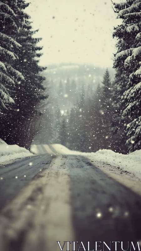 Snowfall over forest road with soft atmospheric blur.