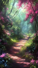 Enchanted Forest Pathway: Magenta Blossoms and Luminous Canopy.