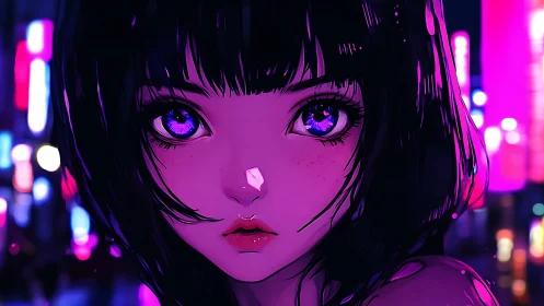 Neon city lights frame a wistful anime girl’s glowing gaze