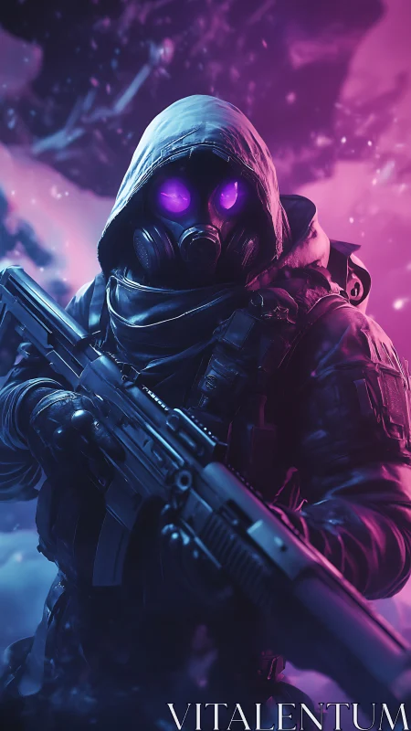 Mystery soldier stands ready in glowing neon winter storm