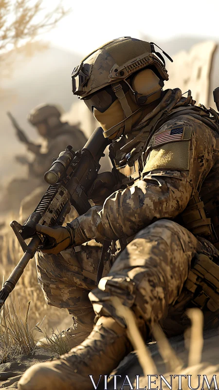 Calm desert moment with a focused modern soldier at rest.