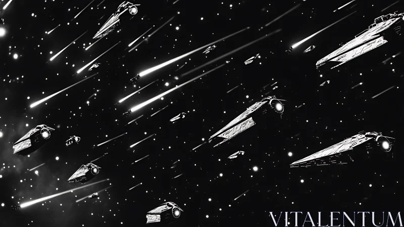 Star-faring armada slices starlight in monochrome charge.