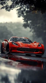 Sleek red sports car glides through misty forest road scene.