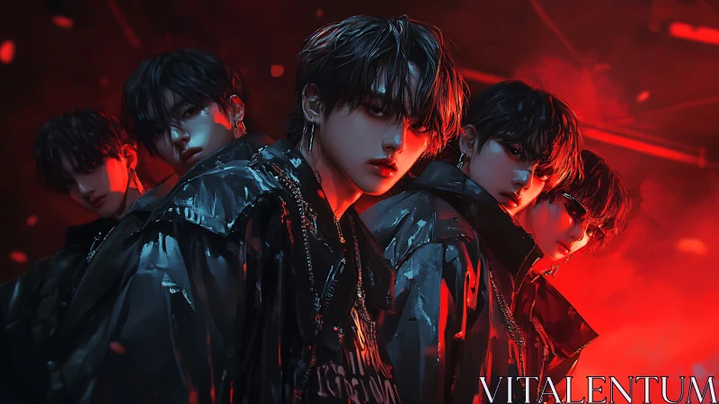 Brooding cyberpunk boy band stands in neon red haze