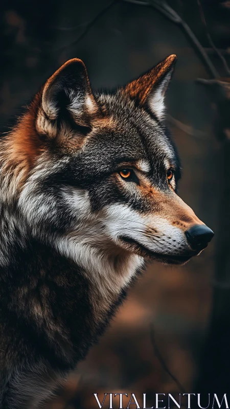 Autumn-lit wolf portrait with high-detail fur rendering profile.