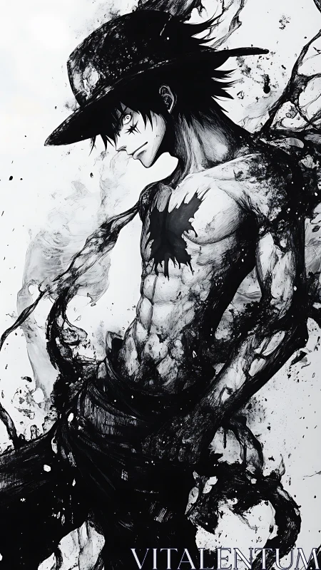 Ink-splattered anime warrior with dynamic monochrome energy.