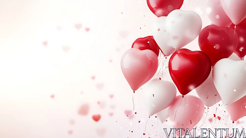 Red and White Heart Balloons Floating on Pale Background.