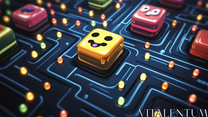 Playful pixel maze with smiling neon game characters.