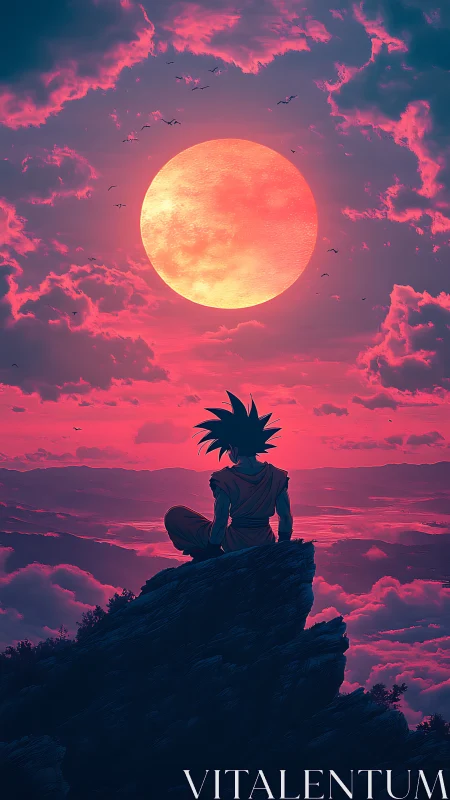 Silhouetted figure on cliff beneath large red sun sky.