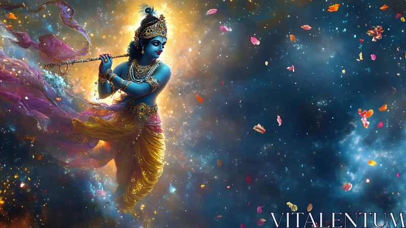 Celestial flute player drifts through glowing cosmic petals.