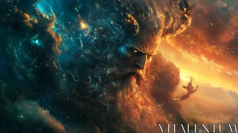 Cosmic storm god emerges from nebula skies over burning sea