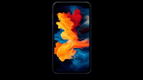Modern smartphone with abstract colorful paint swirl, digital art.
