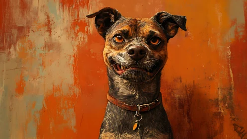 Expressive brown dog portrait against warm orange backdrop.