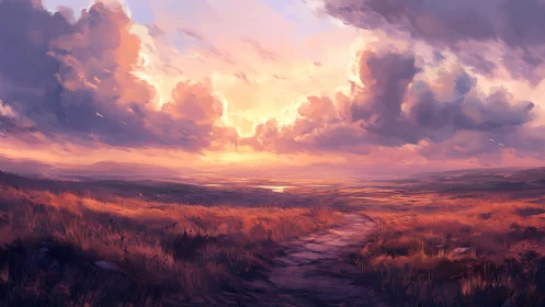 Digital painting sunset landscape with atmospheric depth study.