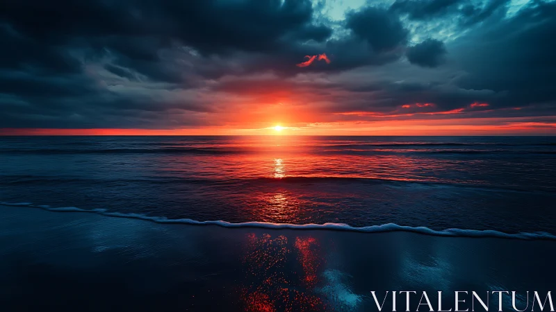Crimson horizon sunset over reflective ocean surf under storm clouds.