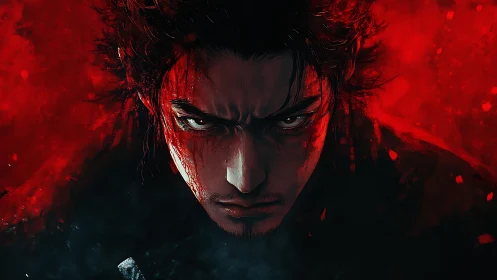 Bloodlit warrior portrait under asymmetric red luminance field.