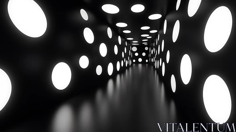 Futuristic tunnel lined with glowing circular wall lights.