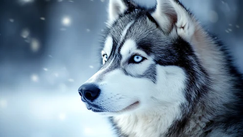 Snow-kissed husky sentinel with ice-bright story eyes.