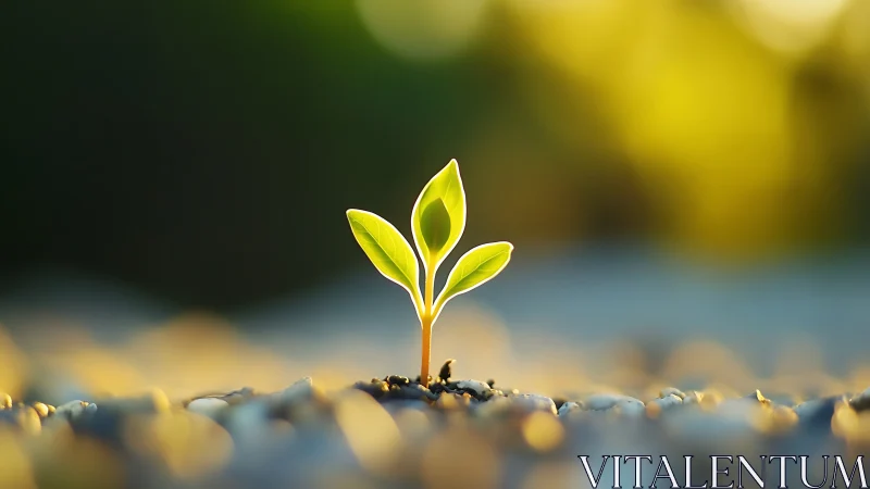 Young seedling stands upright among pebbles in shallow focus