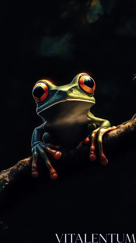 Hyperreal red-eyed tree frog portrait on rainforest branch