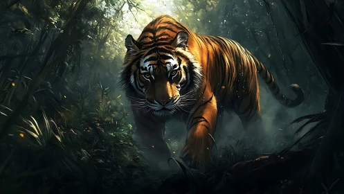 Digital rendering shows tiger moving through dense forest