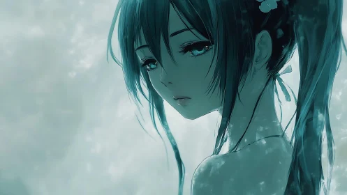 Melancholic anime girl with teal hair in soft light.