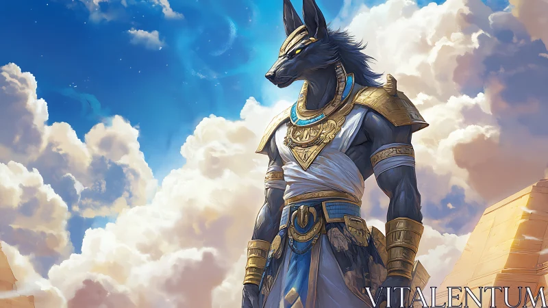 Majestic jackal-headed deity stands guard over radiant skies