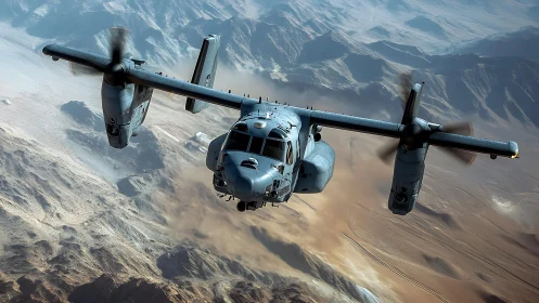 Tiltrotor military aircraft flying low over desert terrain.