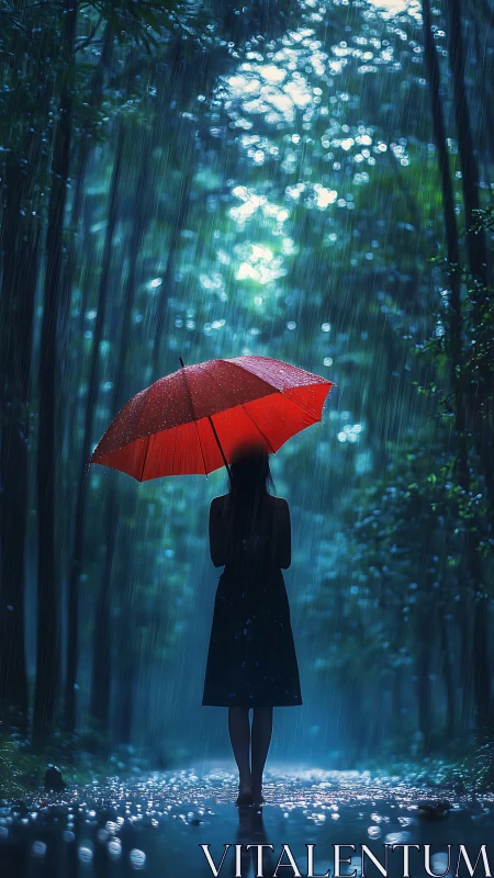 Crimson umbrella carves quiet shelter in silver-blue rain