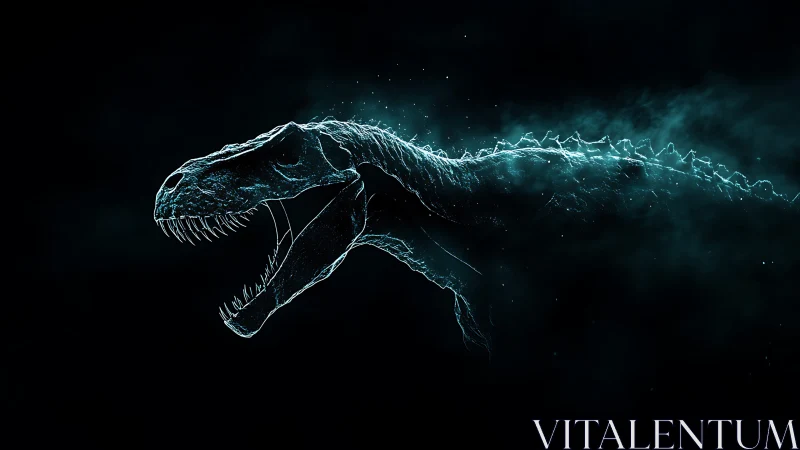 Digital outline of dinosaur head in dark atmospheric space.