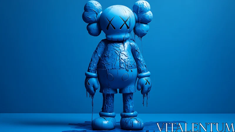Monochrome blue vinyl figure stands melting in studio light