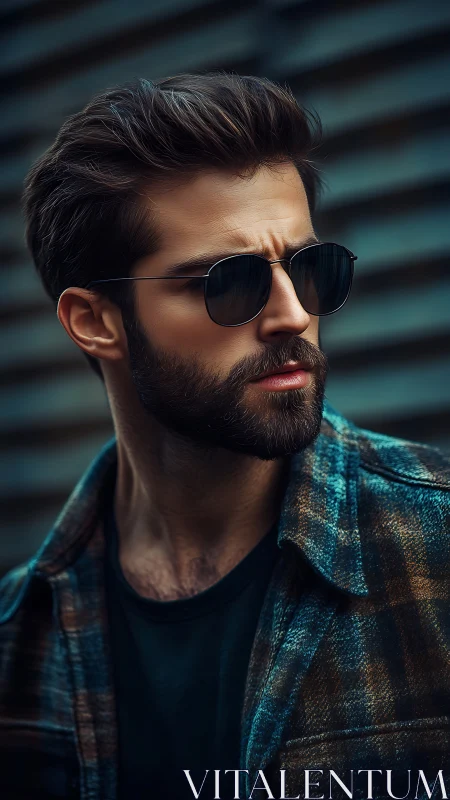 Brooding streetlight rebel in flannel and mirrored shades.