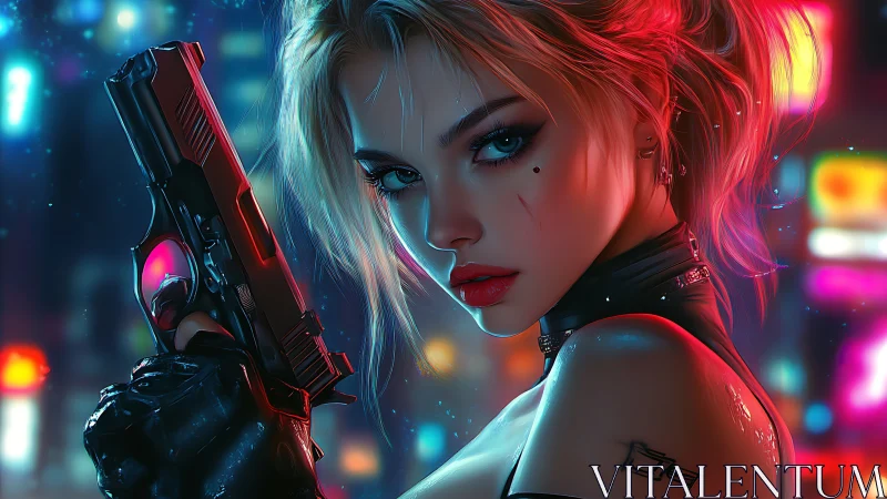 Neon lit gunwoman with intense stare in cyberpunk city