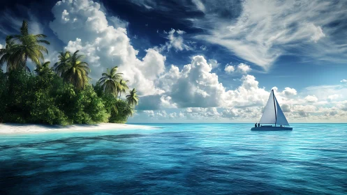 Lonely white sail glides past a dreaming turquoise island