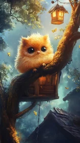 Fluffy nocturnal creature perched in luminous forest bower.