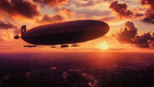 Golden hour airship glides peacefully above a glowing city