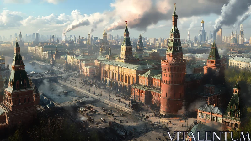 Sunlit red city towers meet a smoky, shifting skyline.