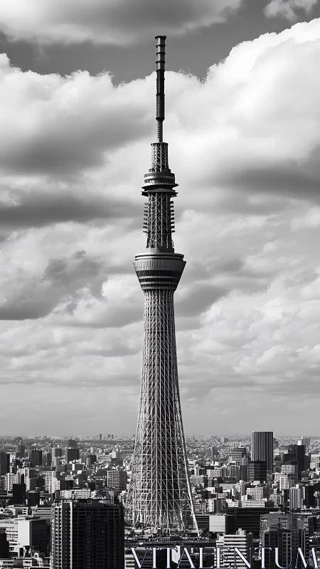 Television broadcasting tower over dense urban skyline.
