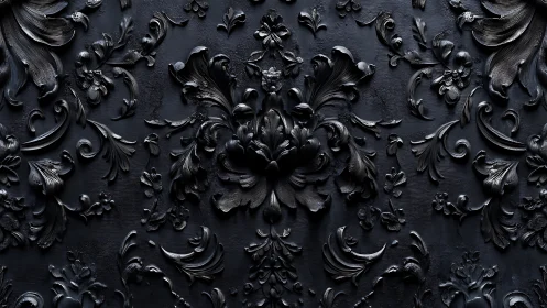 Baroque black floral relief with glossy sculpted scrollwork.