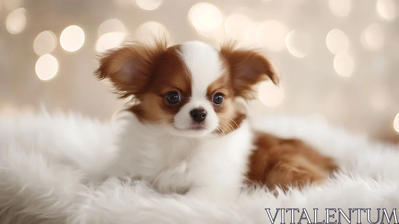 Portrait captures long-haired puppy on faux fur with bokeh lights