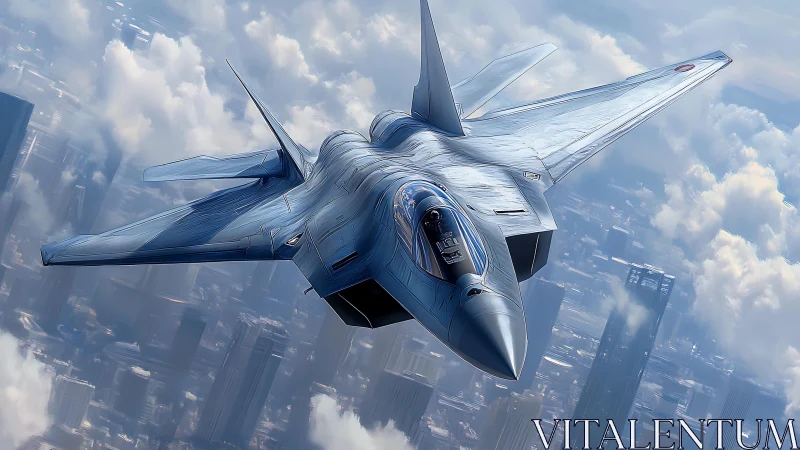 Futuristic twin-engine stealth jet over high-altitude cityscape