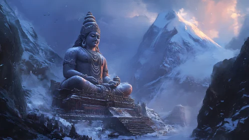 Colossal Shiva statue in luminous snowy Himalayan valley.
