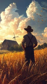 Backlit agrarian observer in golden wheat under convective sky.