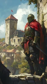 Armored knight stands guard above a sunlit medieval fortress