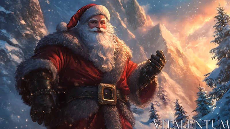 Warm-hearted Santa greets a glowing winter mountain sunrise