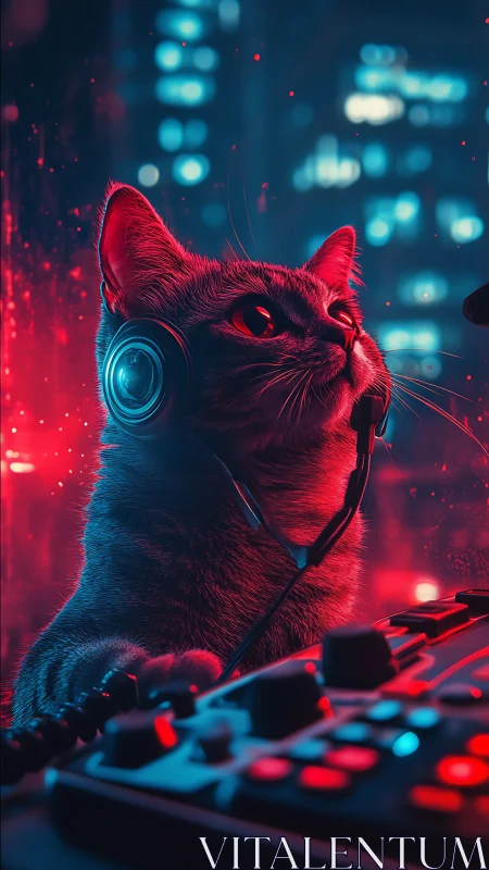 Neon city DJ cat pilots midnight beats through glass.