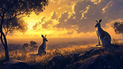 Golden dusk silhouettes kangaroos on a tranquil hillside.